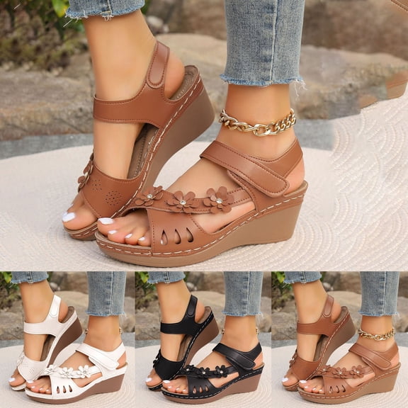 GERsome Women's Platform Wedge Sandals Open Toe Comfort Walking Ankle Strap Summer Beach Sandals, Brown Size 5.5