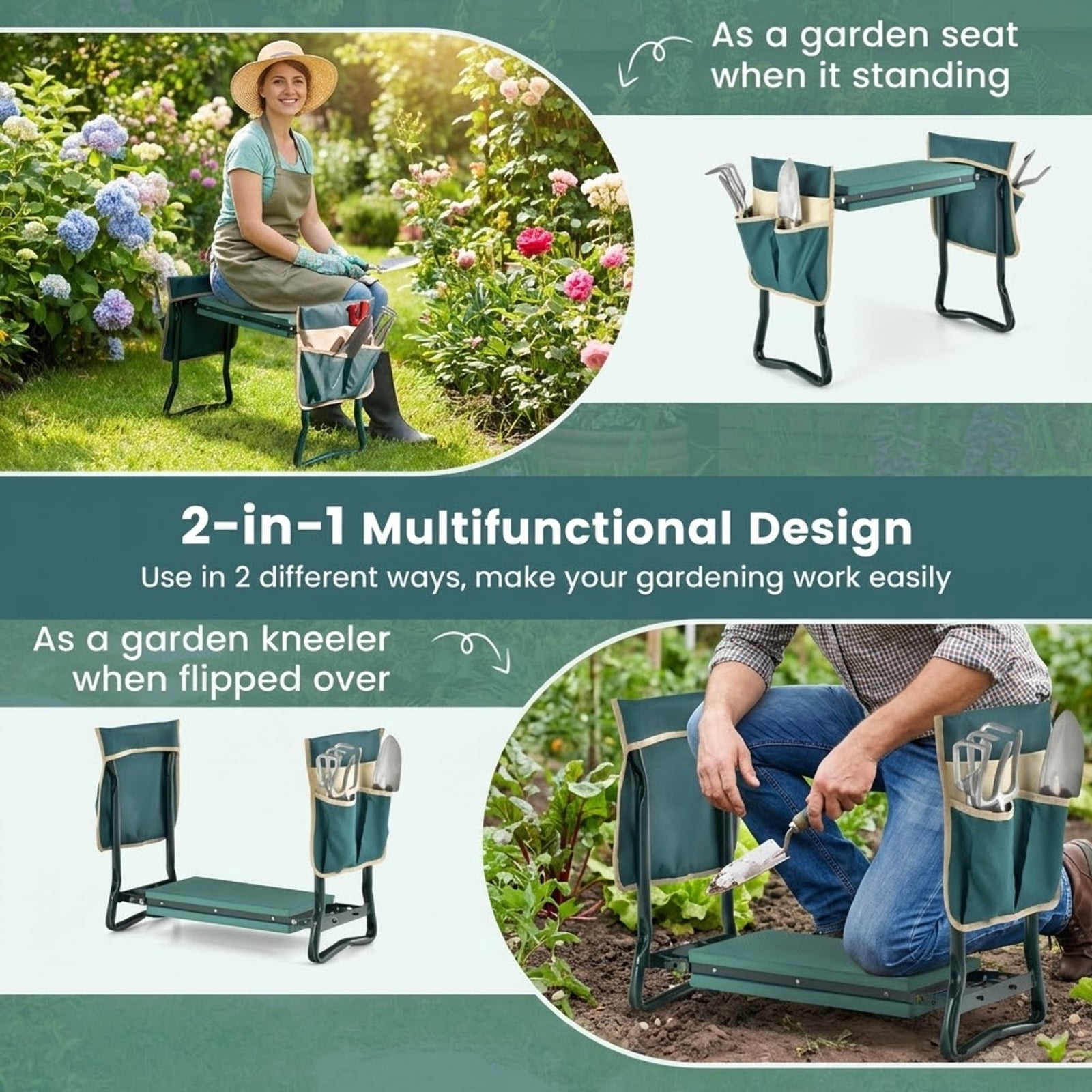 Biotree Folding Garden Kneeler and Seat Bench with EVA Foam Pad and Tool Pouches 330 lbs Capacity Steel Frame Green - Portable Outdoor Gardening Stool