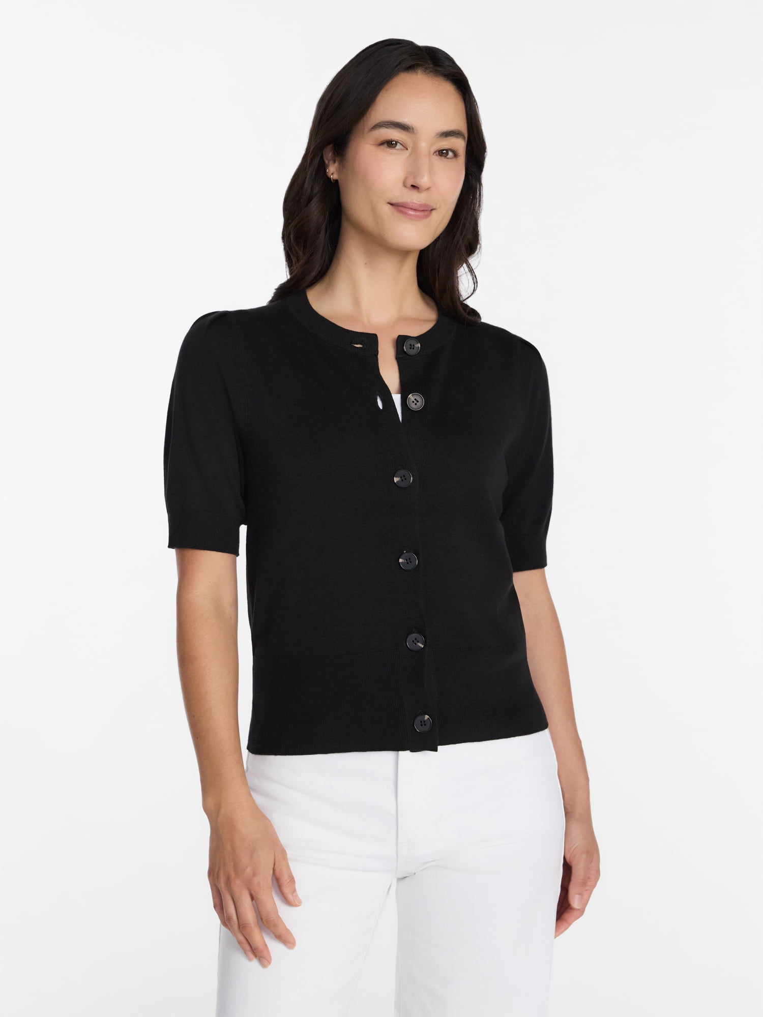 Time and Tru Woman's Crew Cardigan with Short Sleeves, Sizes XS-XXXL