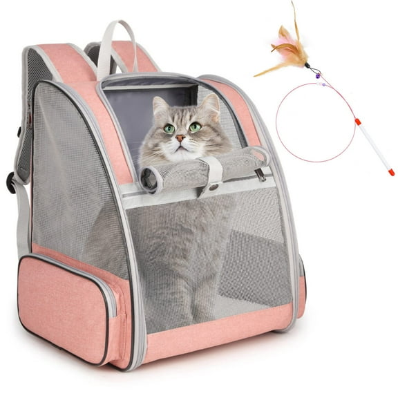 Cat Backpack Carrier, Large Pet Backpack with Kitten Wand Feather Toy for Medium Small Dog Cat Puppy Kitty Bunny up to 15lbs, Ventilated Mesh Dog Travel Carrier for Hiking Walking Outdoor Use