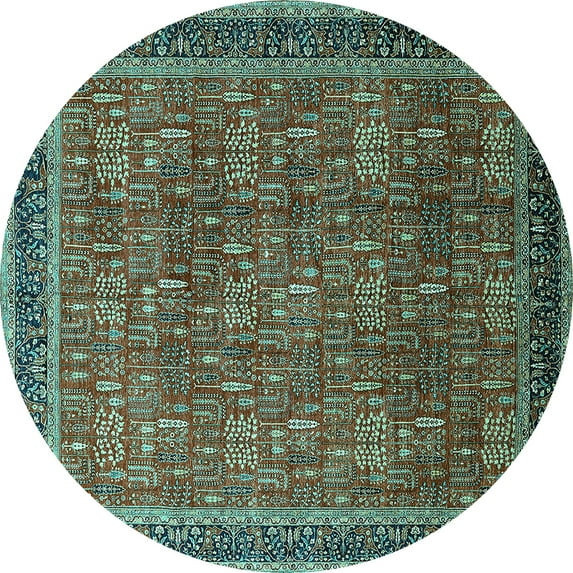 Ahgly Company Machine Washable Indoor Round Oriental Turquoise Blue Industrial Area Rugs, 4' Round