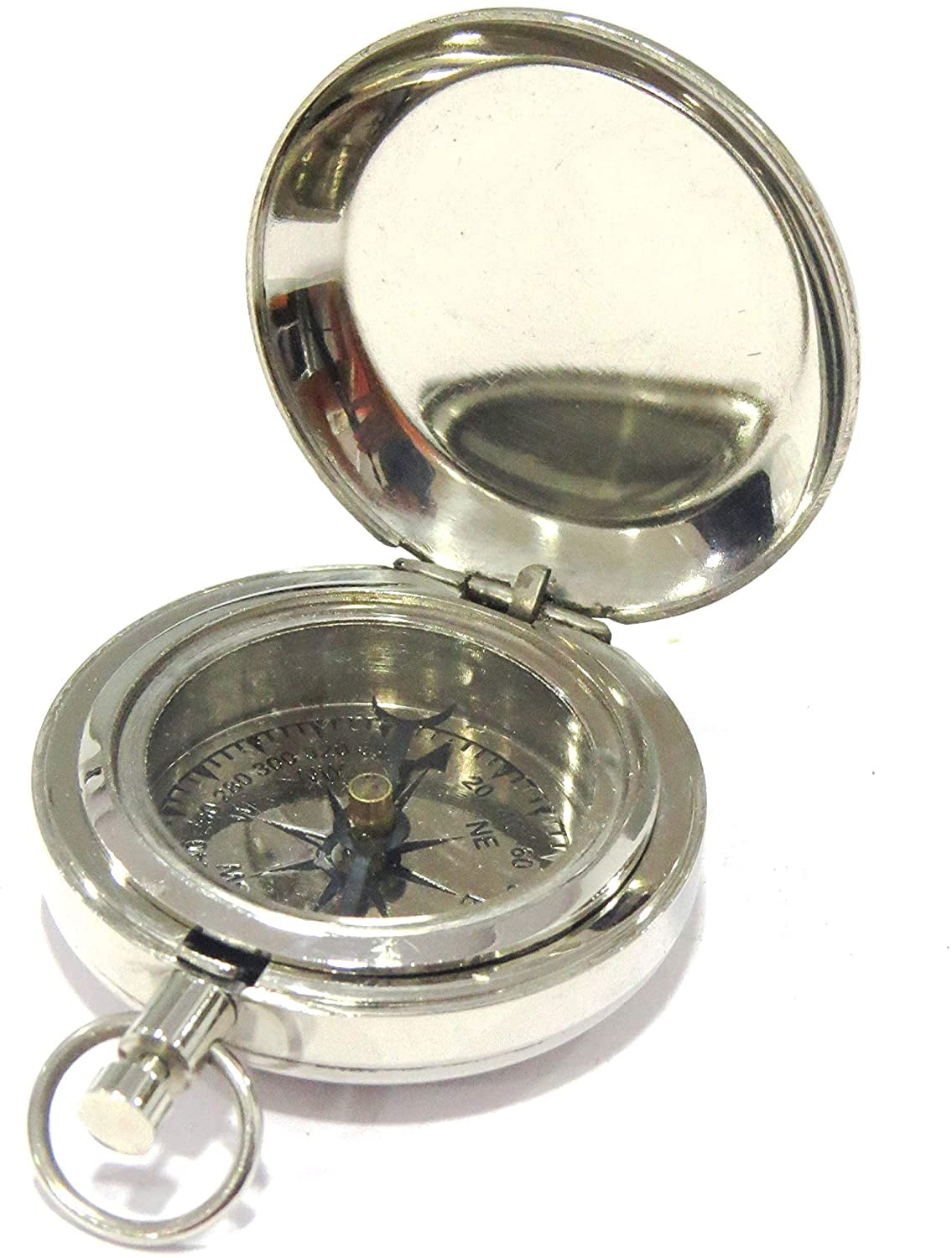 Chrome Silver Finish Brass Pocket Compass Vintage Style Necklace Pendant 