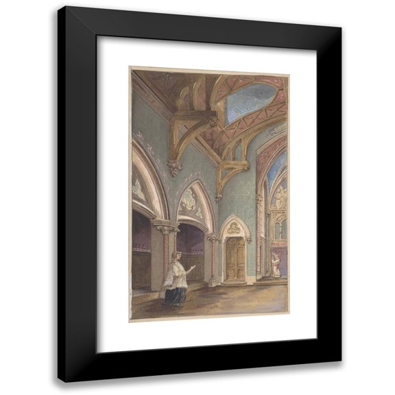 Jules-Edmond-Charles Lachaise 10x14 Black Modern Framed Museum Art Print Titled - View of Interior with Figures, Saint Clotilde (19th Century)