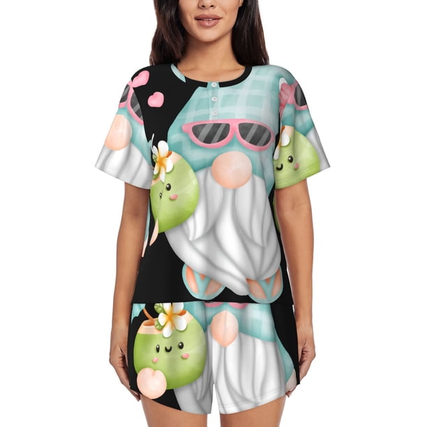 Fotbe Summer Gnome,Cute Gnome Conjunto de Pijama Estampado para Mujer, 2 Piezas, Ropa de Dormir con Camiseta de Manga Corta y Shorts Suaves-Large