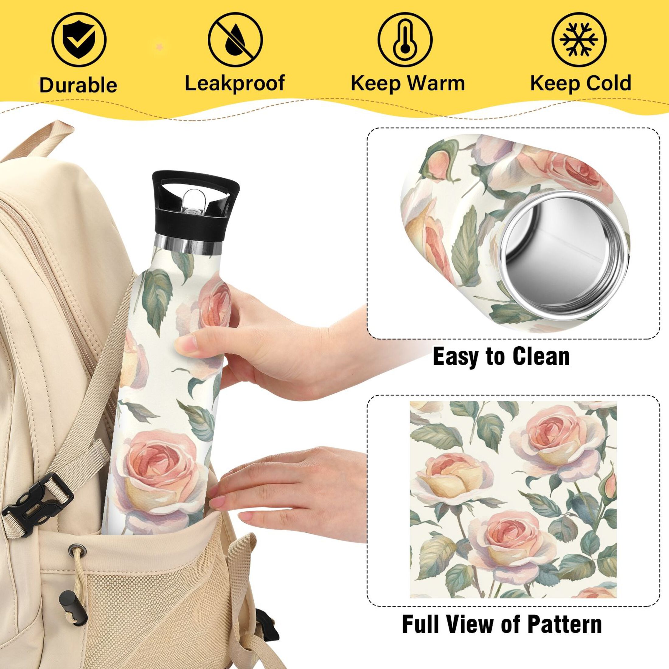 600ML Stainless Steel Insulated Cup Sports Water Bottle Portable Thermos Cup Water Glasses Insulated Tumblers Convenient and Durable Coral Roses Seamless