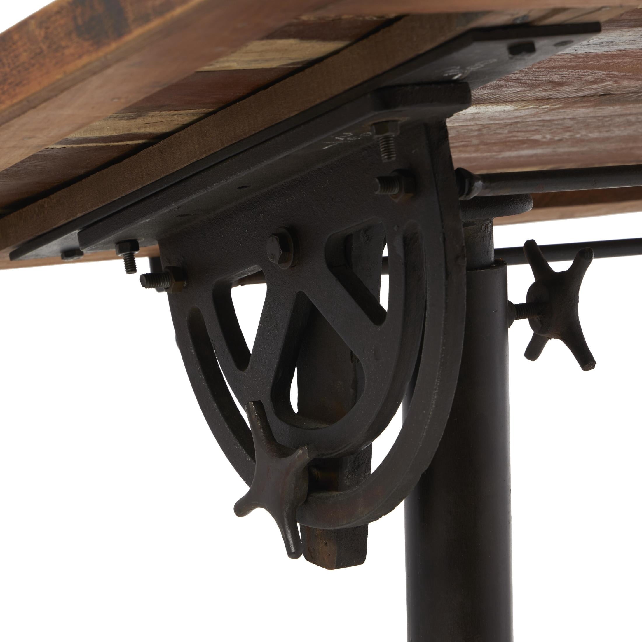 DecMode 62" x 32" Brown Teak Wood Drafting Style Desk with Tilting Top and Crank Height Adjustment, 1-Piece