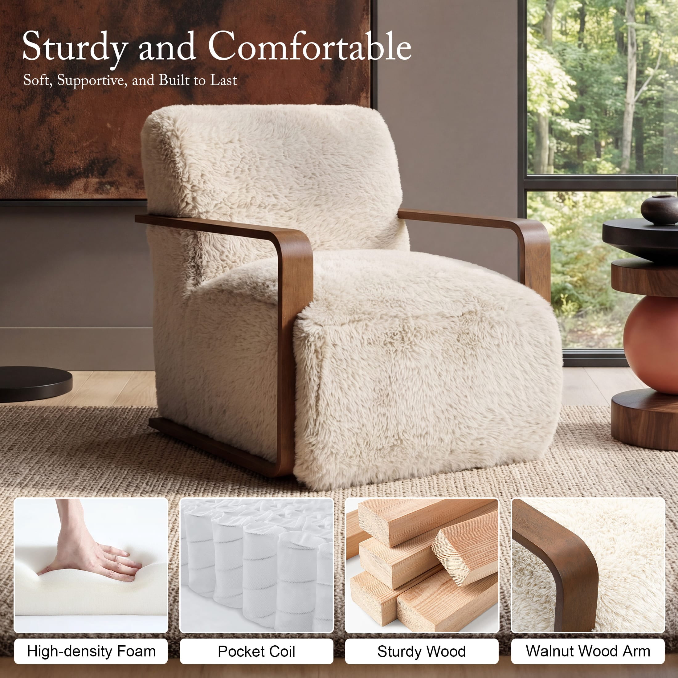 Aenkyo Yeti Contemporary Faux Fur Accent Chair with Dark Walnut Wood Arms, Ivory