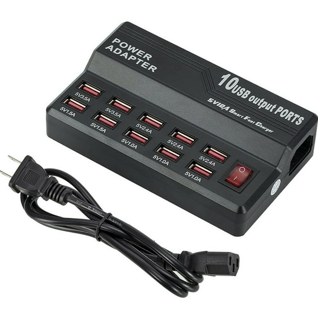 Injueey 10/12 puertos USB 5V 12A Estación carga universal Adaptador corriente Cargadores de dispositivos electrónicos específicos 10 puertos y negro Enchufe de EE. UU.