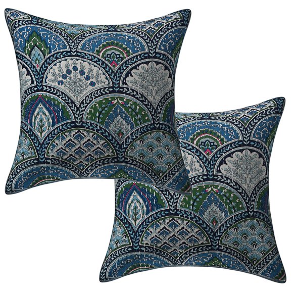 Stylo Culture Indian Sofa Throw Pillow Covers 16 x 16 Kantha Grey Printed 40cm x 40cm Living Room Decor Cotton Rainbow Square Cushion Covers | Set Of 2