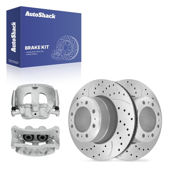 AutoShack Rear Brake Rotors & Calipers for Ram, 2500 2011-2018 3500 2011-2018, 4WD RWD L6 6.7L V8 5.7L 6.4L - Silver Zinc Coated Drilled & Slotted - SilverShield Pro - 14.09" (358 mm), 8-Lug