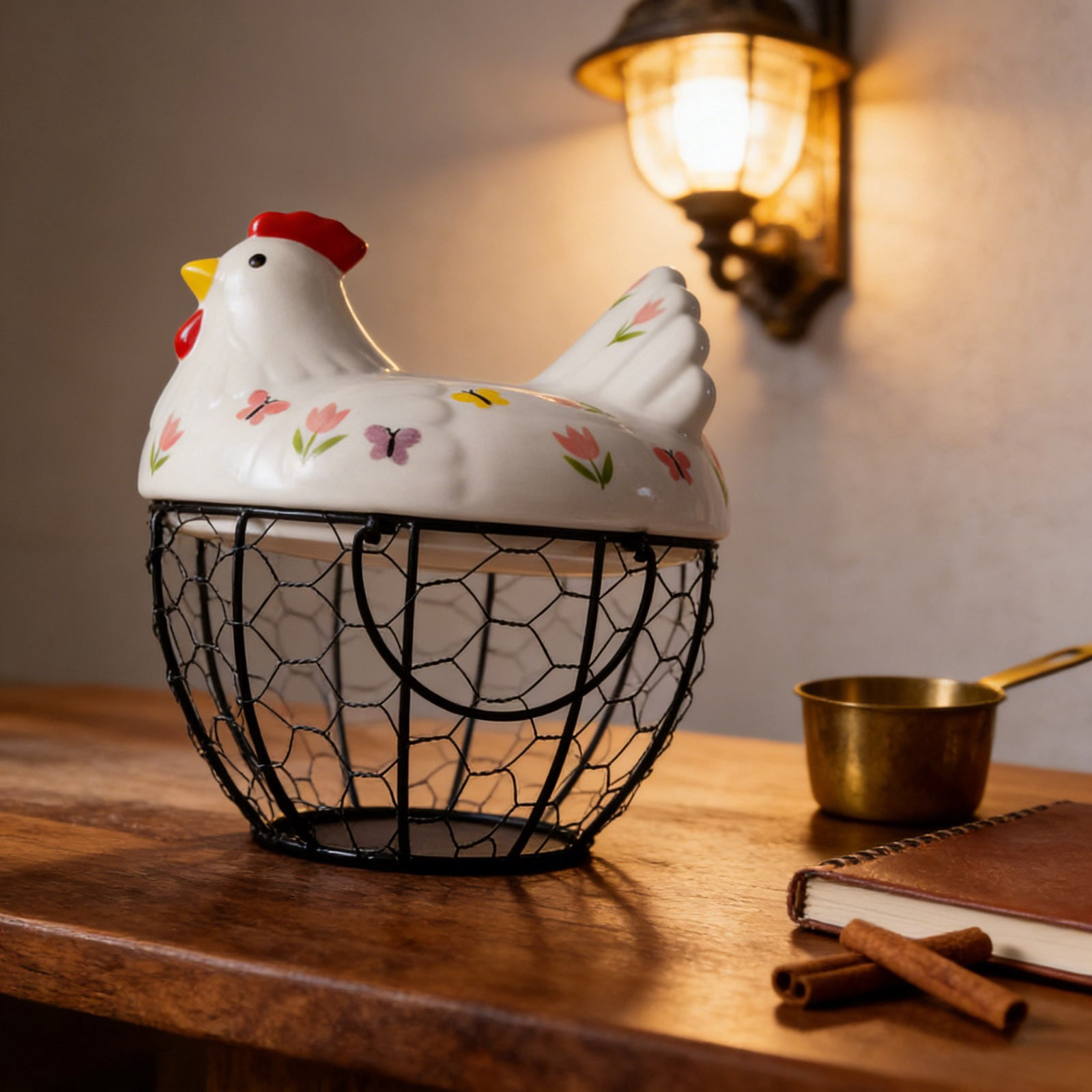 Farmhouse Egg Basket with Ceramic Lid, Black Wire Egg Holder for Fresh Eggs, Decorative Chicken Design Egg Storage Container, Kitchen Countertop Organizer Case for Eggs