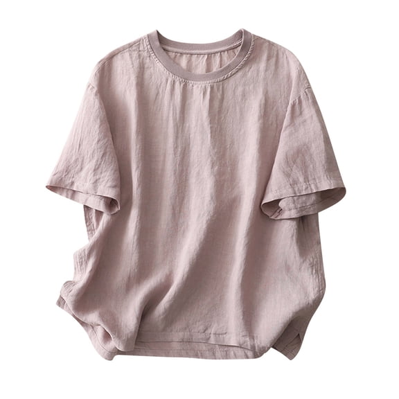 Tsesme Linen T-shirt for Women Round Neck Short Sleeve Loose Tees Summer Casual Comfy Basic Tops