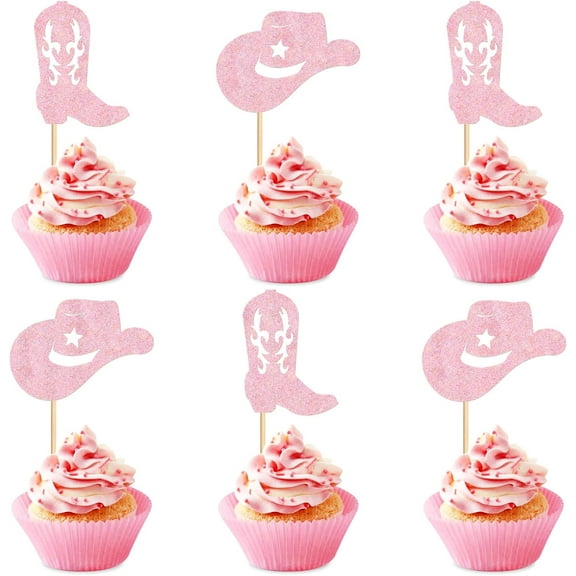 8pcs Cowboy Cupcake Toppers Riding HorseShoe Cowboy Hats Western Theme Happy Birthday Baby Shower Party Cake Decorations Supplies Blue (pink)