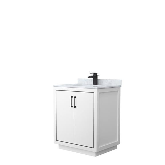 30 in. Icon Single Bathroom Vanity, White, White Carrara Marble Countertop, Undermount Square Sink & Matte Black Trim