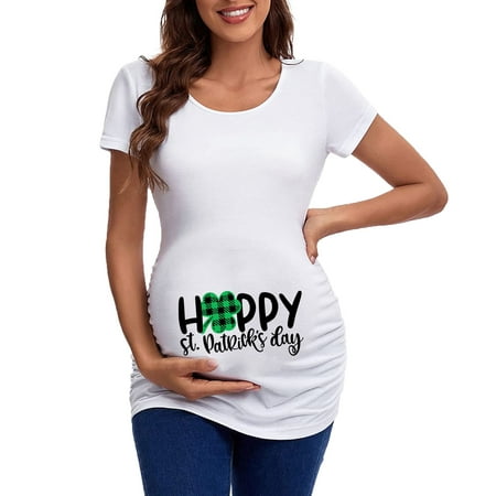 

St. Patricks Day Womens Maternity Short Sleeve Crew Neck Letter Graphic Ruched Sides T Shirt Tops Pregnancy Tunic Blouse