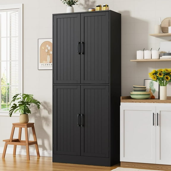 MHOM 71" Farmhouse Pantry Cabinet, Tall Storage Cabinet with 4 Doors and Adjustable Shelves, Freestanding Pantry for Dining Room, Kitchen, and Living Room, Black
