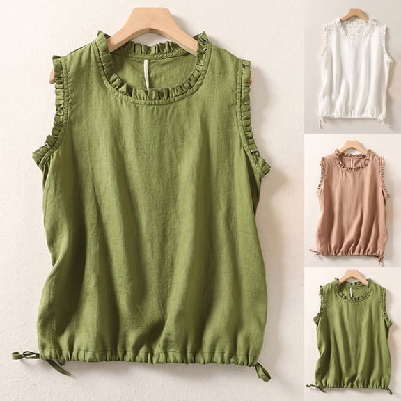 ZyeKqe Tank Tops for Women Sleeveless Shirts Dressy Casual Ruffle Blouses Drawstring Hem Loose Fitting Summer Top