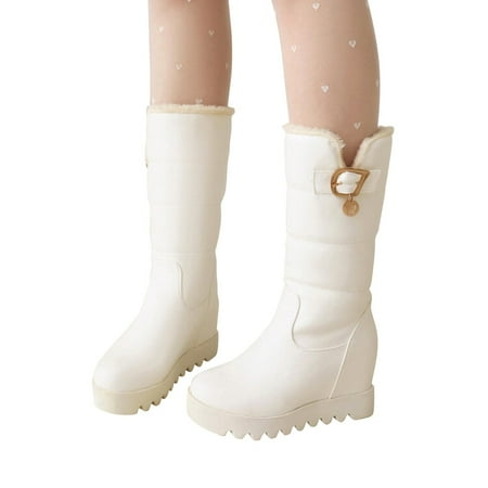 

Lovskoo 2024 Women s Snow Boots Round Toe Wedge Large Fall/Winter Thick Sole Cotton Thick Hair Medium Sleeve Slipsole Boots White