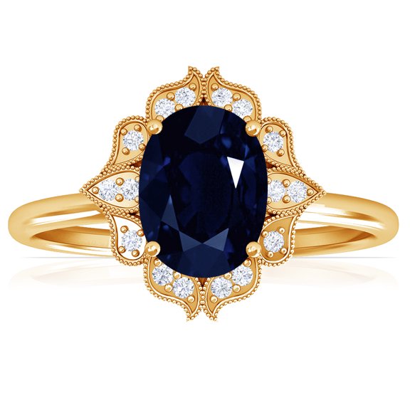 GemsNY September Birthstone - Vintage Oval Blue Sapphire Ring with Pave Set Diamond Halo (Grade - AA | 0.77cttw)
