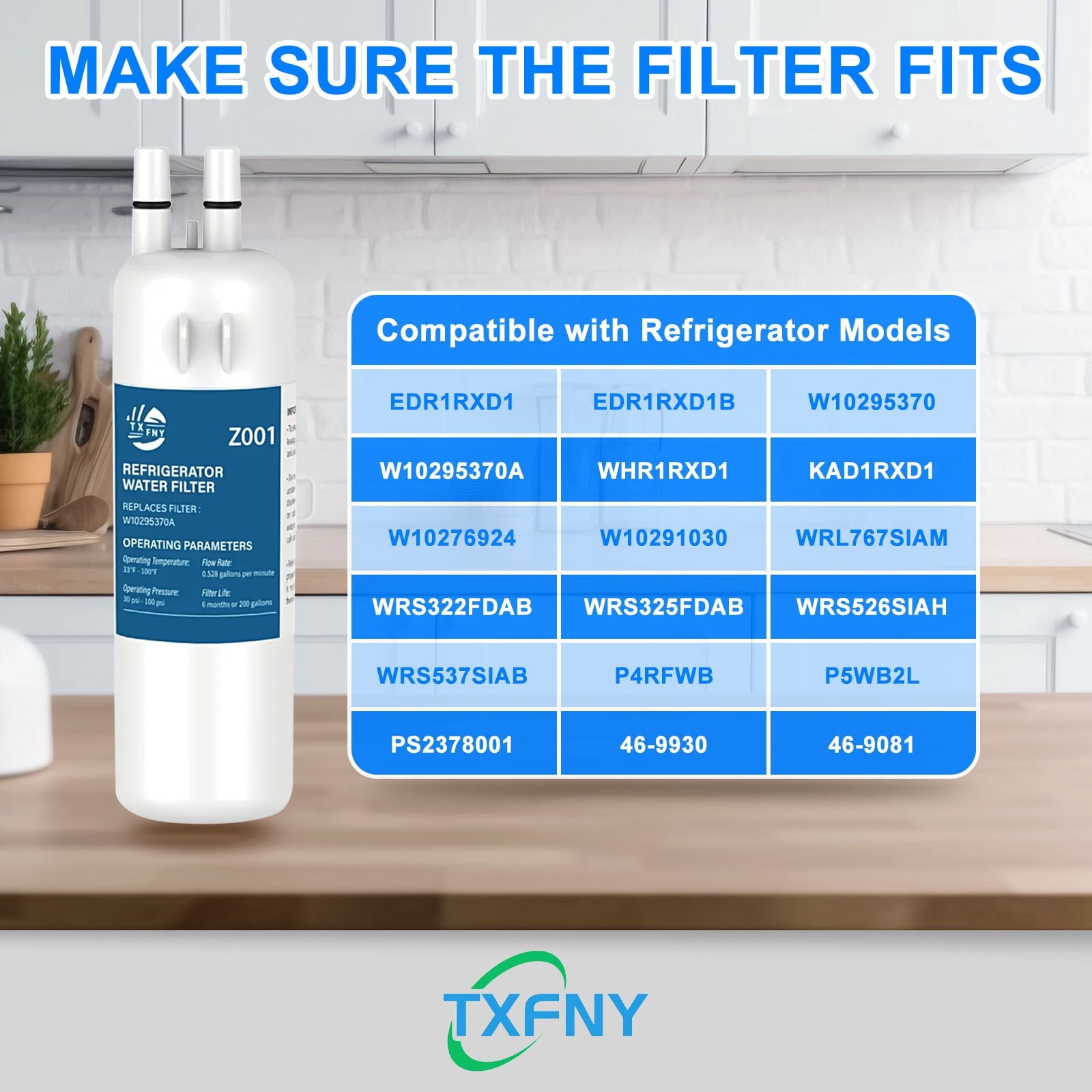 TXFNY EDR1RXD1 Refrigerator Water Filters,Compatible with Whirlpool Refrigerator Water Filter, Compatible with W10295370, EDR1RXD1, P4RFWB, Kenmore 46-9081, Kenmore 46-9930, 2 Pack