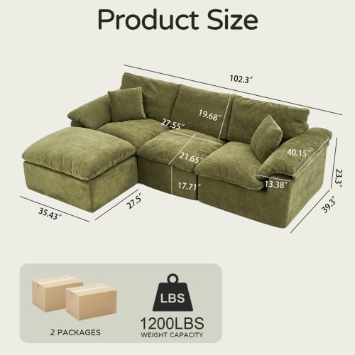 102.3" Modular Sectional Sofa, L-Shape Cloud Couch with Movable Ottoman, Comfy Chenille Deep Seat Sofa with Soft Pillows for Living Room Apartment, Green