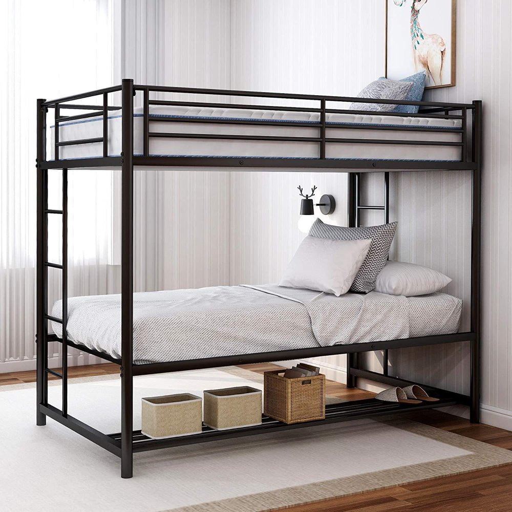 Metal Bunk Bed with Trundle Twin Over Twin Bunk Bed with 2 Slide