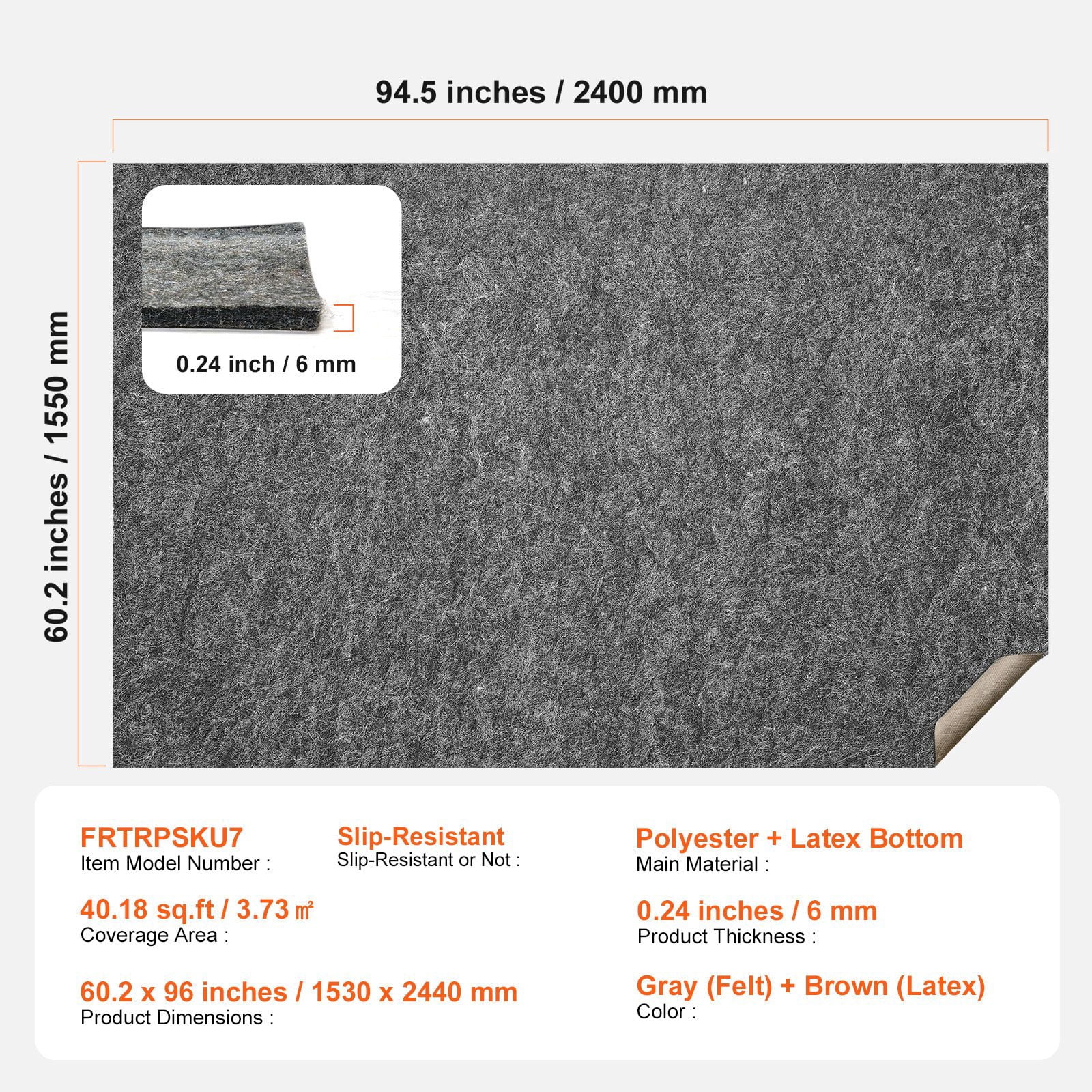 Carpet Pad 40.18 sq.ft, 6mm Thick, Anti-Slip Latex Backing, Dense Felt Surface, for Area Rug Underlayment