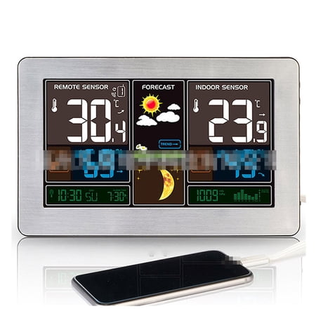 Weather Station LCD Weather Clock Indoor Outdoor Wireless Color Display LED Screen Alarm Clock USB ,Easy to Operate