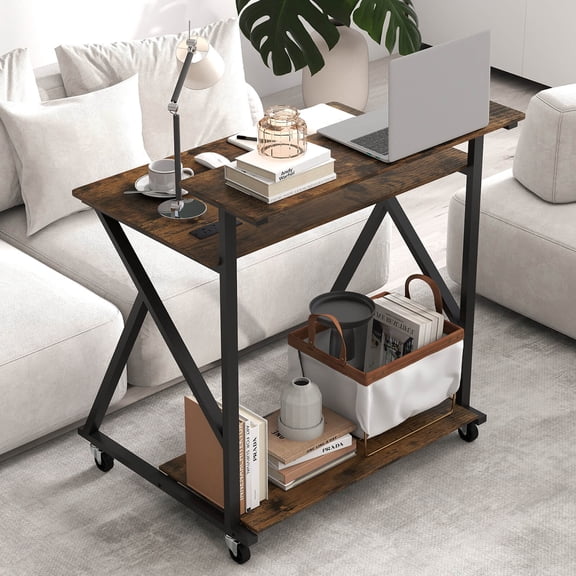 Costway Rolling Computer Desk, 32” Laptop Desk with Charging Station & Monitor Shelf Rustic Brown