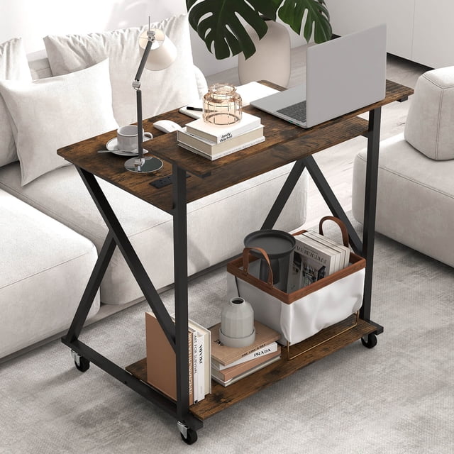 Costway Rolling Computer Desk, 32” Laptop Desk with Charging Station & Monitor Shelf Rustic Brown