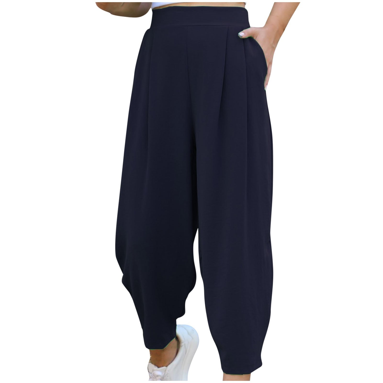 AJTQTH Wide Leg Harem Pants for Women Elastic-Waisted Solid Ice Silk Casual Pants with Pockets Plus Size Leisure Pants Dark Blue XXXL