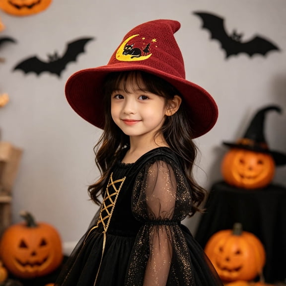 Kids Knitted Halloween Witch Hat with Moon Black Cat Embroidery, Wide Brim Pointed Wizard Hat, Soft Lightweight Party Cosplay Accessory for Little Girls Boys Ages 4-10 One Size