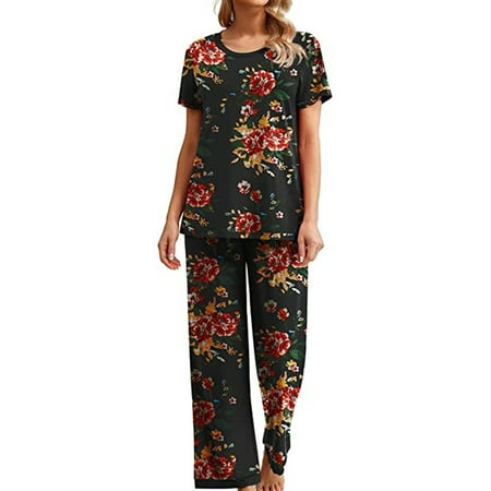

Women 2 Piece Pajama Set Short Sleeve Crew Neck Tops Floral Long Pants Sleepwear Lounge Sets