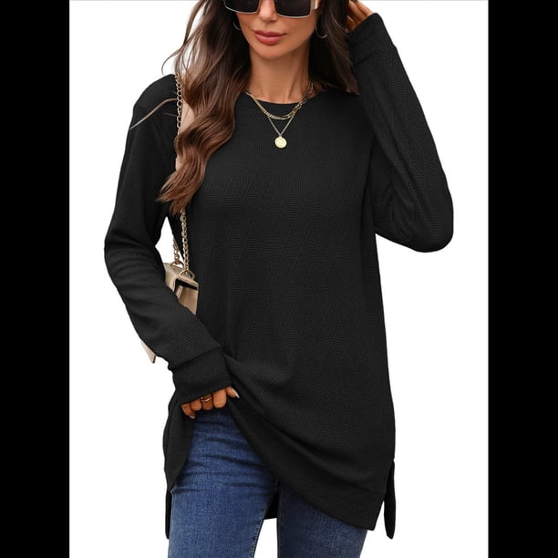 Camiseta Holgada de Larga con Cuello Redondo y Estampado Geométrico de Jacquard para Mujer, Ropa de Invierno 2025 Negro XL