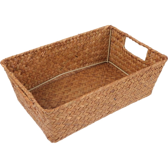 Toyvian Seagrass Woven Rectangle Storage Basket Khaki Rustic Style Hand Woven for Sundries