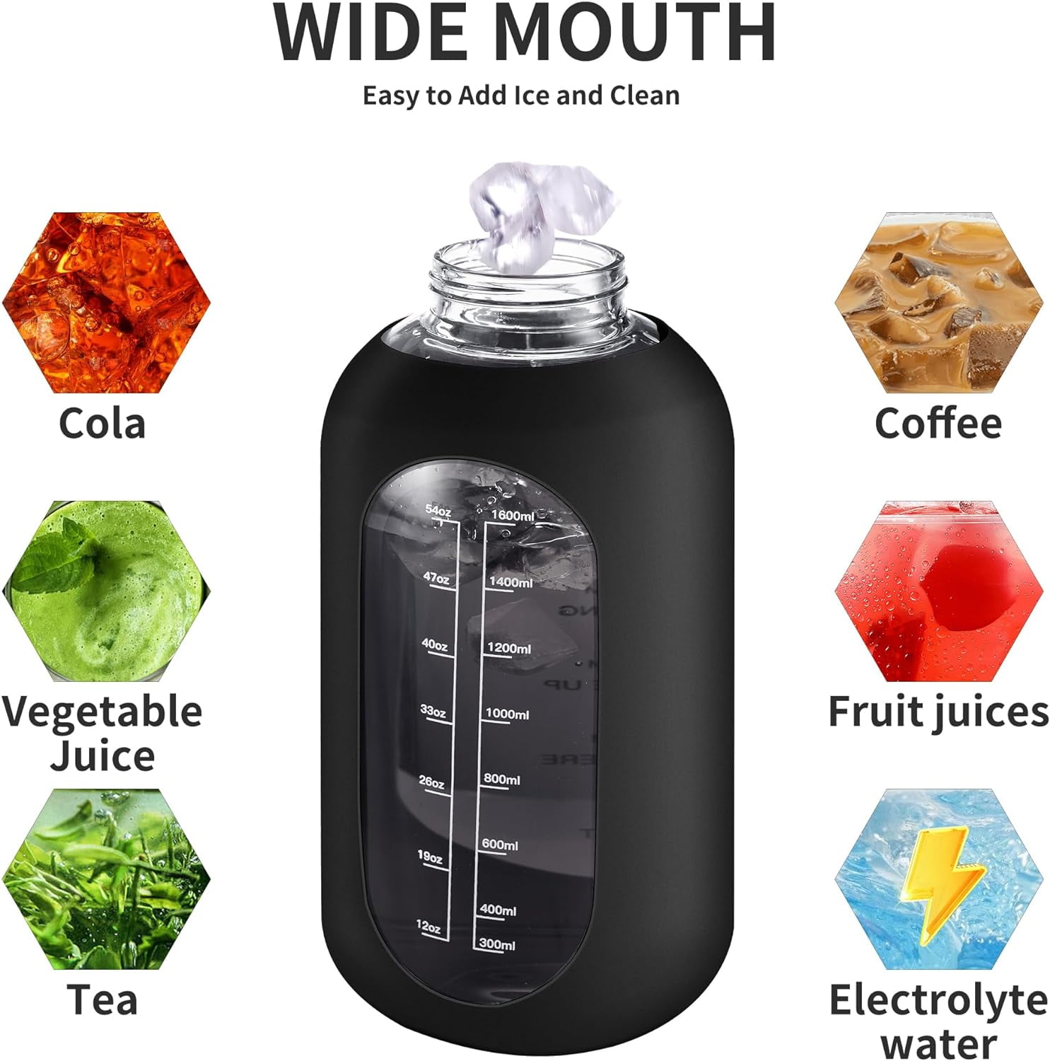 64 oz Glass Water Bottle Jug with Straw and Handle, Half Gallon Sports Motivational Water Bottle with Time Marker, Wide Mouth Flask Canteen with Silicone Sleeve for Gym, Black