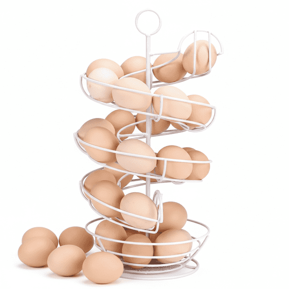 White Egg Holder Countertop, Spiral Egg Skelter Dispenser with Storage Basket,Metal Egg Storage Rack