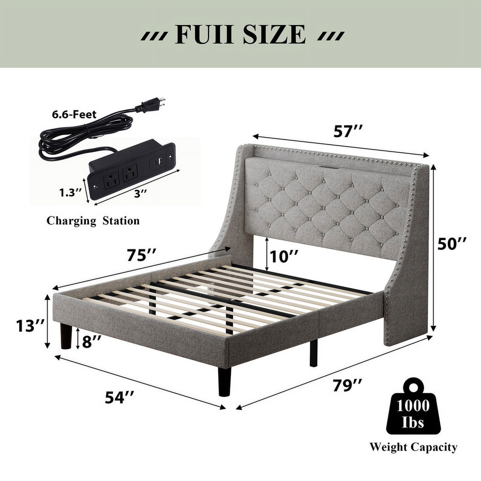 iPormis Full Bed Frame with Upholstered Wingback Button Tufted Storage Headboard, Luxurious Platform Bed with Charging Station, Sturdy Wooden Slats Support,No Box Spring Needed, Light Gray