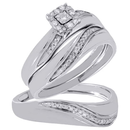 Diamond Cluster Wedding Trio Bridal Set Engagement Ring Sterling Silver 1/5 Ct.