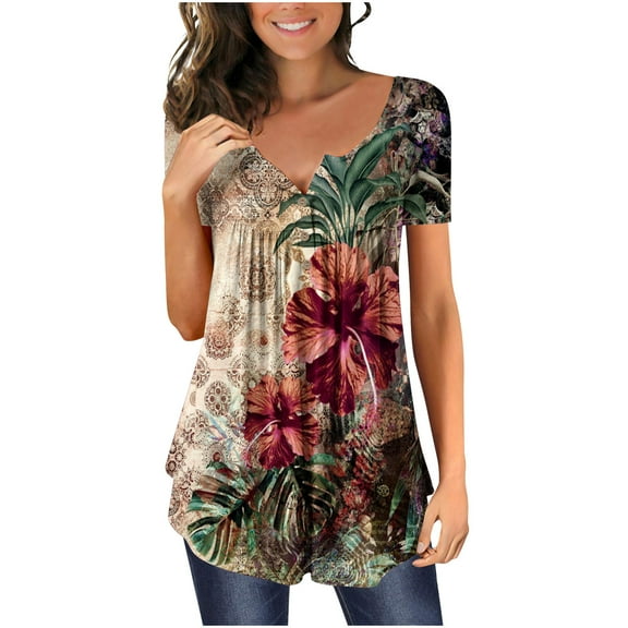 Ichuanyi Trendy Floral Tunic Tops for Women's Summer Casual Blouse Henley V Neck Short Sleeve Half Buttons Up T-Shirts