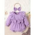 thumbnail image 2 of Arvbitana Infant Baby Girls Casual Bow Rompers Long Sleeve Crew Neck Solid Color Twist Striped Jumpsuits with Headband Baby Bodysuits 0-18M, 2 of 8