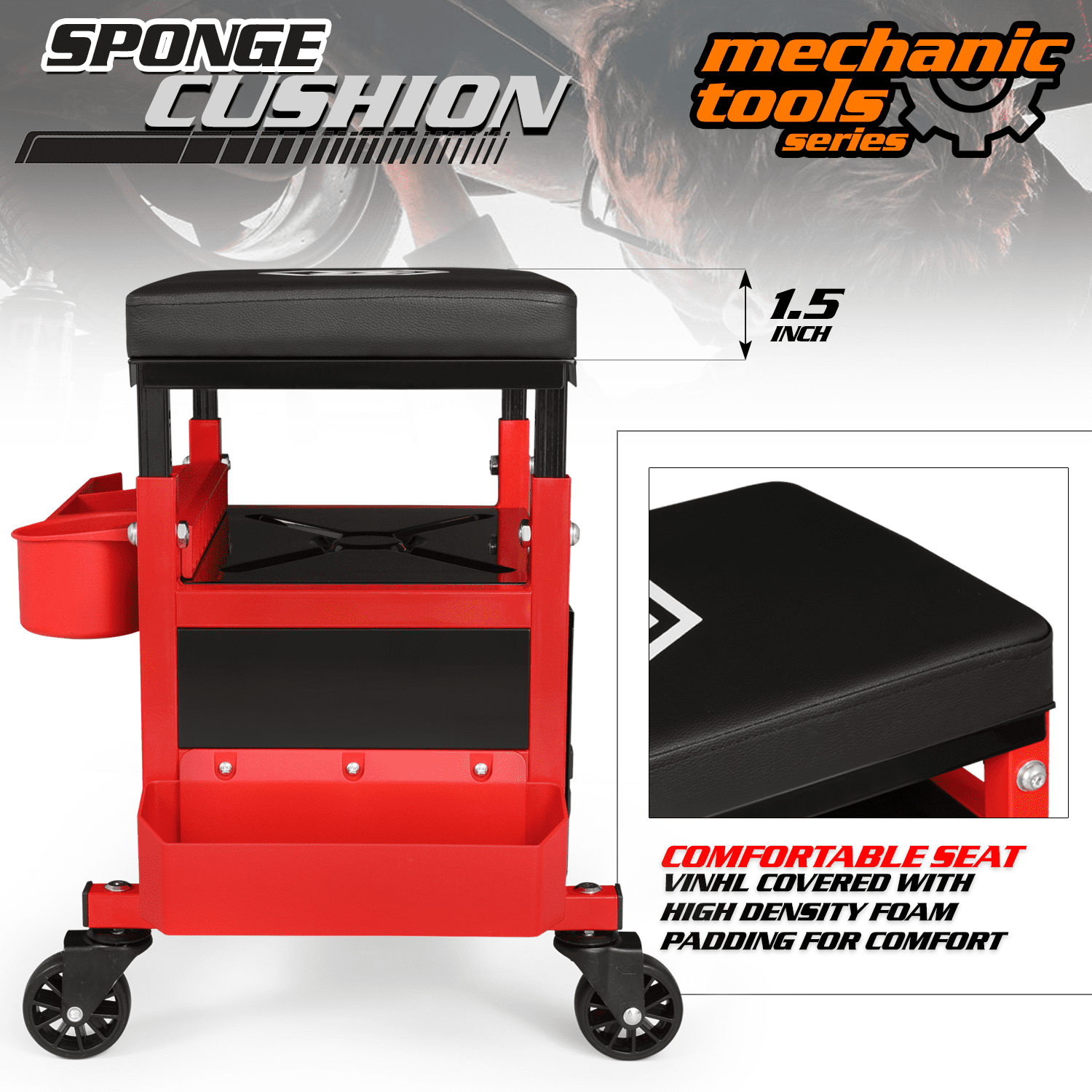 M-AUTO Adjustable Rectangular Roller Tool Box Padded Chair with Storage Tool Tray & Cabinet, 350 lbs Capacity with Casters - Red