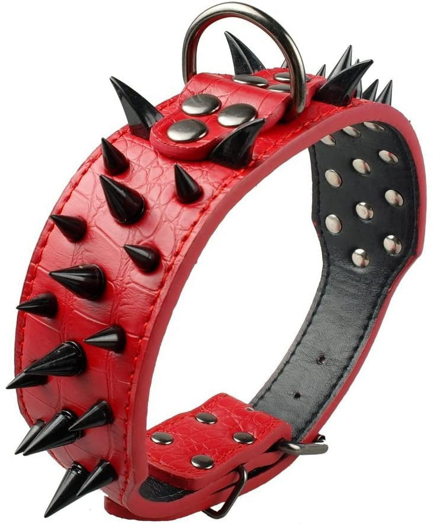 Pet Artist 2 Wide Luxury Genuine Leather Spiked Studded Dog Collars for Medium & Large Dogs,Red,M,Neck for 17-20