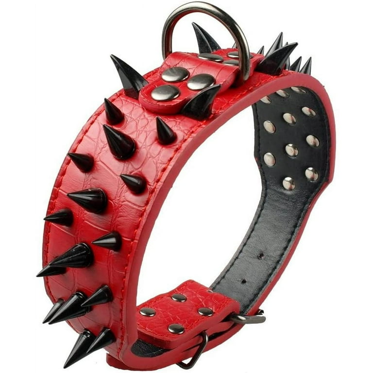 Berry Pet Sharp Spiked Studded Dog Collar - Stylish Leather Dog Collars - 2  Inch in Width Fit for Medium & Large Dogs - Such as Pitbull Mastiff 