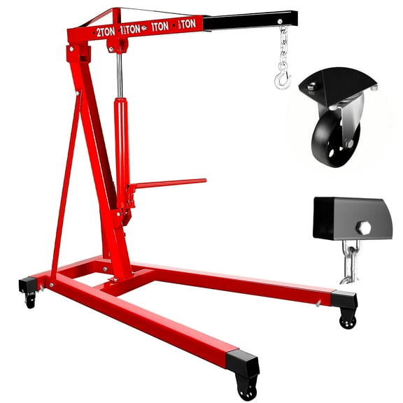 Hydraulic Engine Hoist, 2 Ton/4400 LBS Load Capacity, Heavy Duty Cherry Picker Shop Crane with Adjustable 24-Inch Boom & Swivel Casters, Engine Crane for Auto Mechanics, Garage Use, Weight Loading