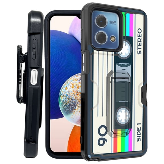 ANJ Rugged Shockproof Kickstand Hybrid Case with Card Slot and Holster Tempered Glass Cover for Motorola Moto G Stylus 5G (2023) - Retro Cassette Tape