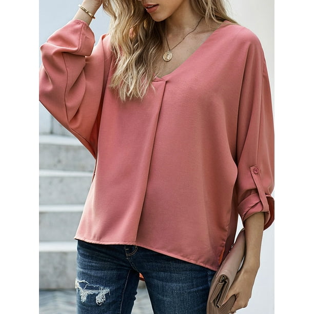 VEDAXIN Women s Solid Color V Neck Long Rolled Sleeve Work Flowy