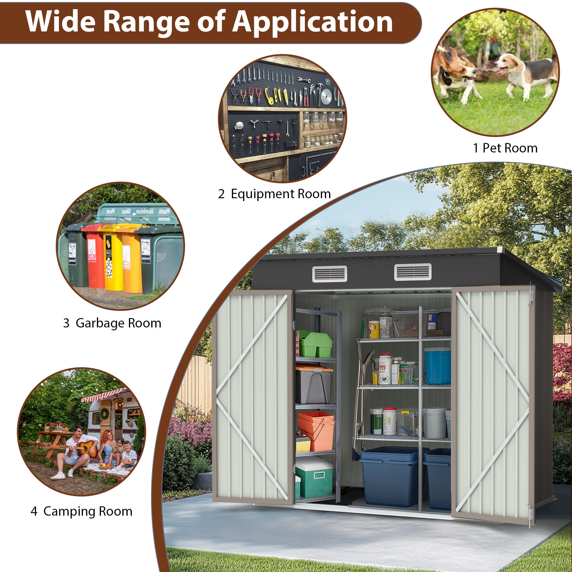 Sesslife 6' x 4' Outdoor Storage Shed, Patio Galvanized Steel Metal Shed with Sliding Doors, Garden Shed with Vents for Tools, Lawn Mover, Bike, Brown
