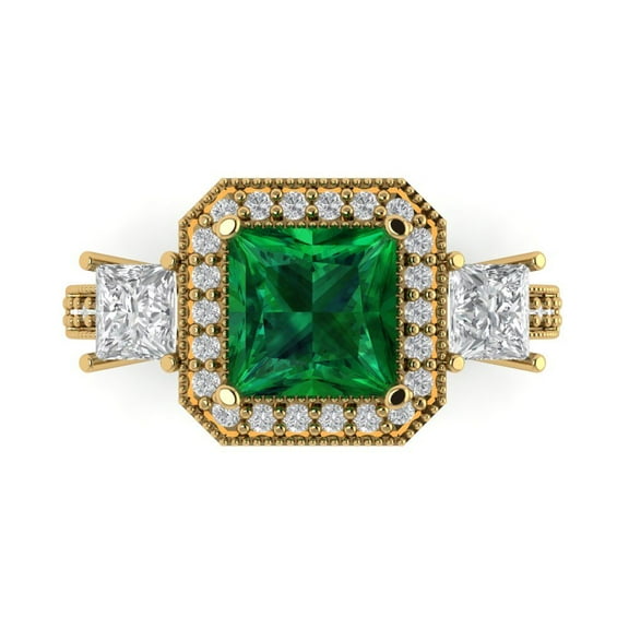 3.005 ctw 3 Stone Anniversary Ring for Women | Princess Cut Simulated Emerald | Hyperallergenic Solid 14K Yellow Gold