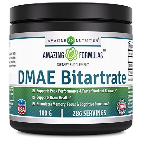 Amazing Nutrition Amazing Formula DMAE Bitartrate Complément Alimentaire - 100 Grammes de Pot (Environ 286 Portions) - Favorise la Performance Sportive - Aide à la Récupération Post-Entraînement - Soutient la Santé du Cerveau